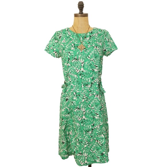 People Tree Organic Cotton Danielle Fern Leaf Dress 10 L Green Crewneck EUC A1 - Picture 1 of 6